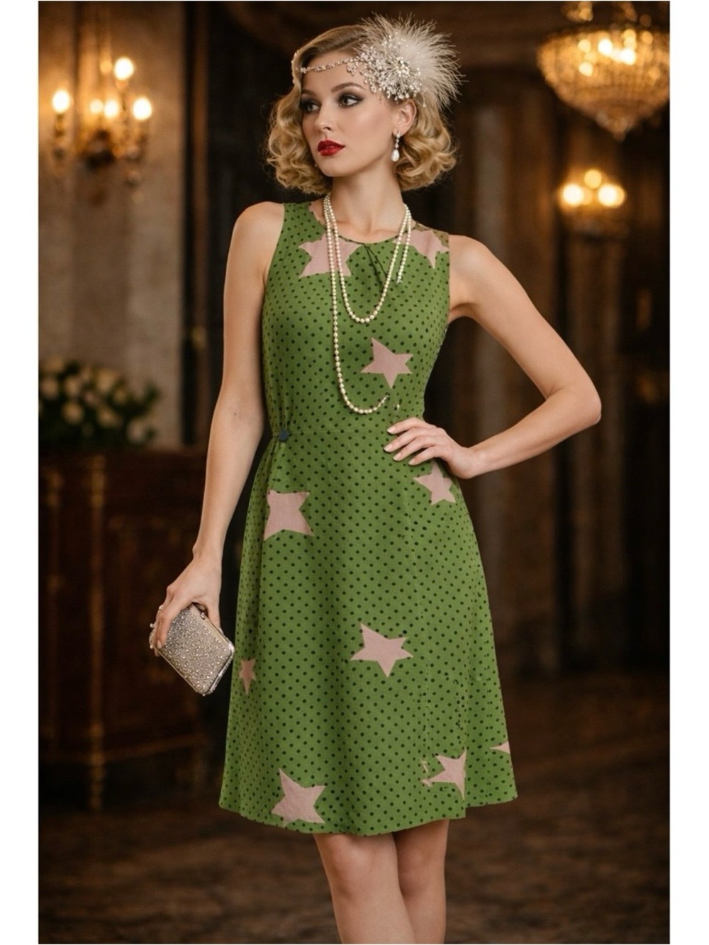 ANTHROPOLOGIE Girls from Savoy Nova Silk Dress Green Polka Dot Star A-Line Dress
